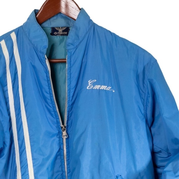 Vintage EMMA Toguchi Japan Puffer Jacket Size Medium Stripes Monogram Sky Blue - Picture 2 of 6